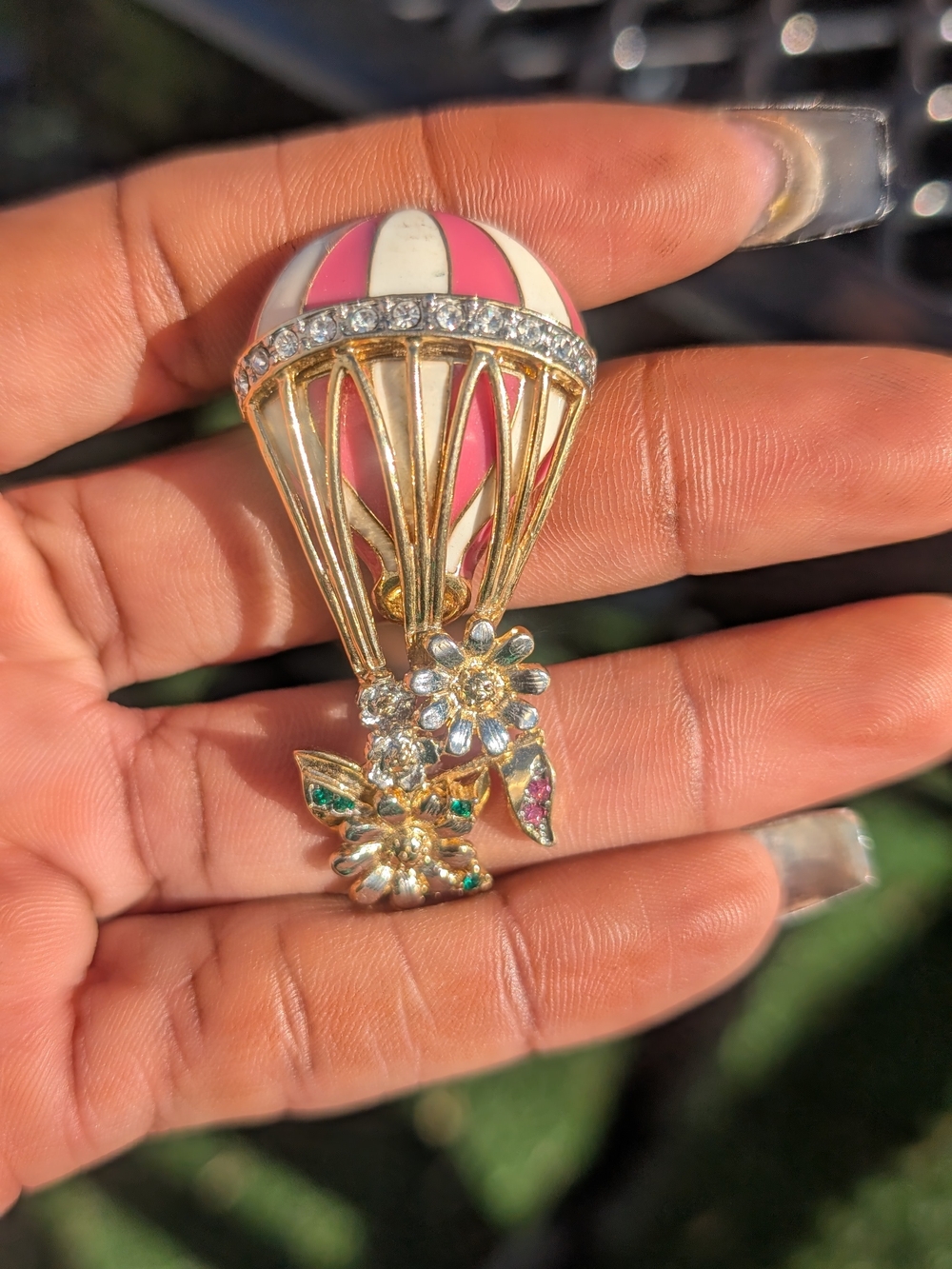 Gold-Tone Pink & White Enamel Hot Air Balloon Brooch with Crystal Flowers
